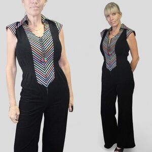 Cute Colorful Vintage 70s Rainbow and Black Short Sleeve Wide Leg Pant Jumpsuit